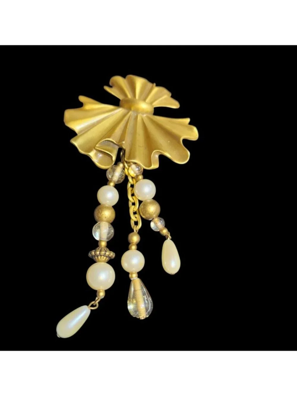 Vintage Gold Tone Pin Fan Shape Dangling Beads & Faux Pearls Elegant Design